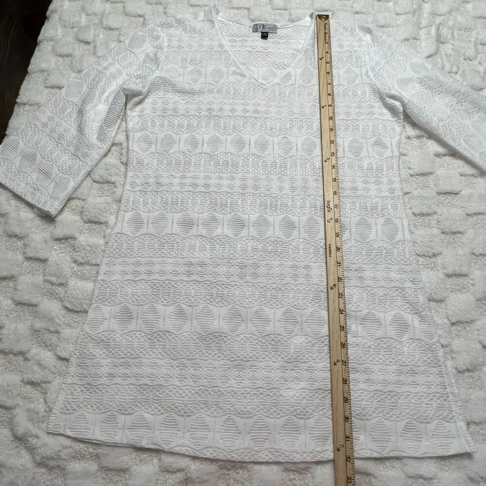 J Valdi White Sheer Lace Swim Cover Up Tunic M 3/4 Sleeve Beach Resort